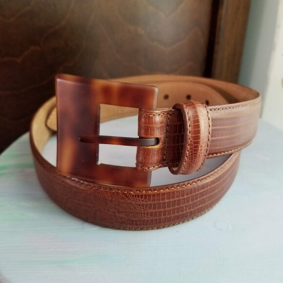 Jennifer Graham Brown Leather Reptile Lizard Print Faux Tortoise Buckle, Size L - Picture 2 of 11